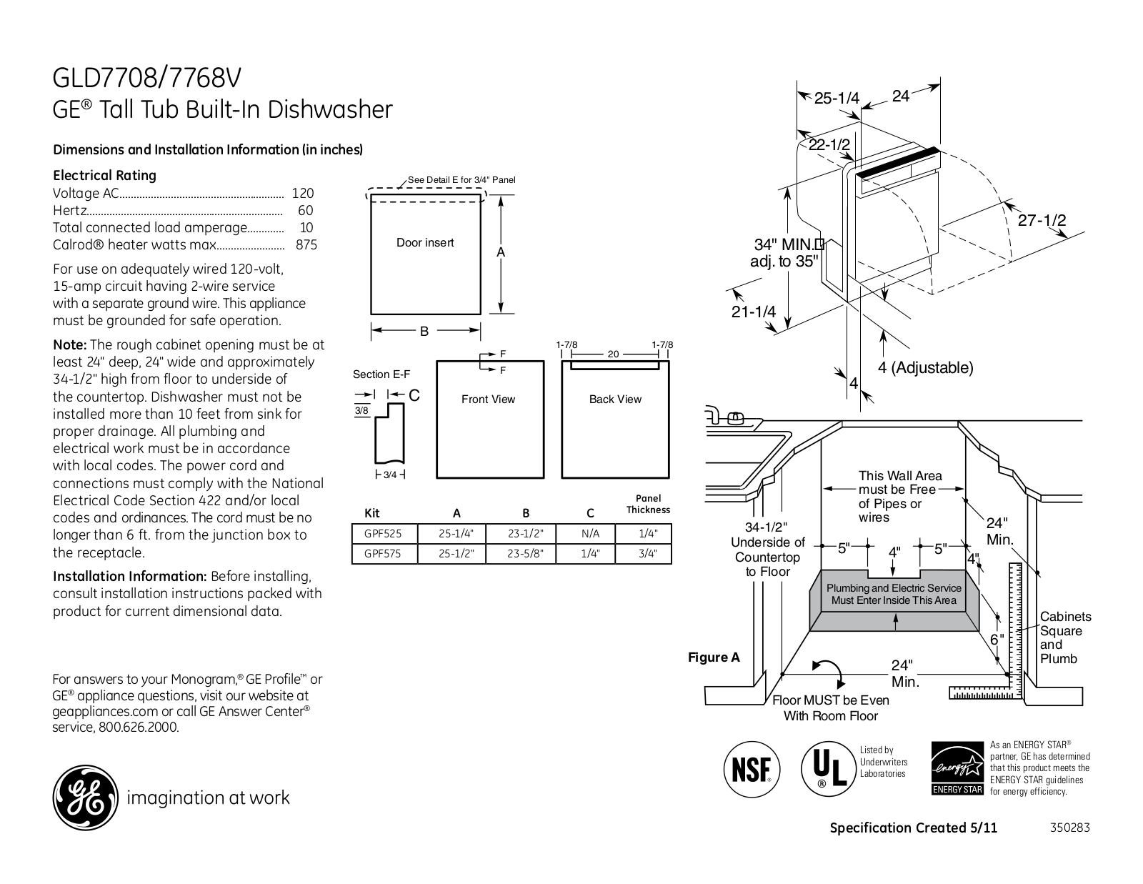 GE GLD7708V, GLD7768V Specification