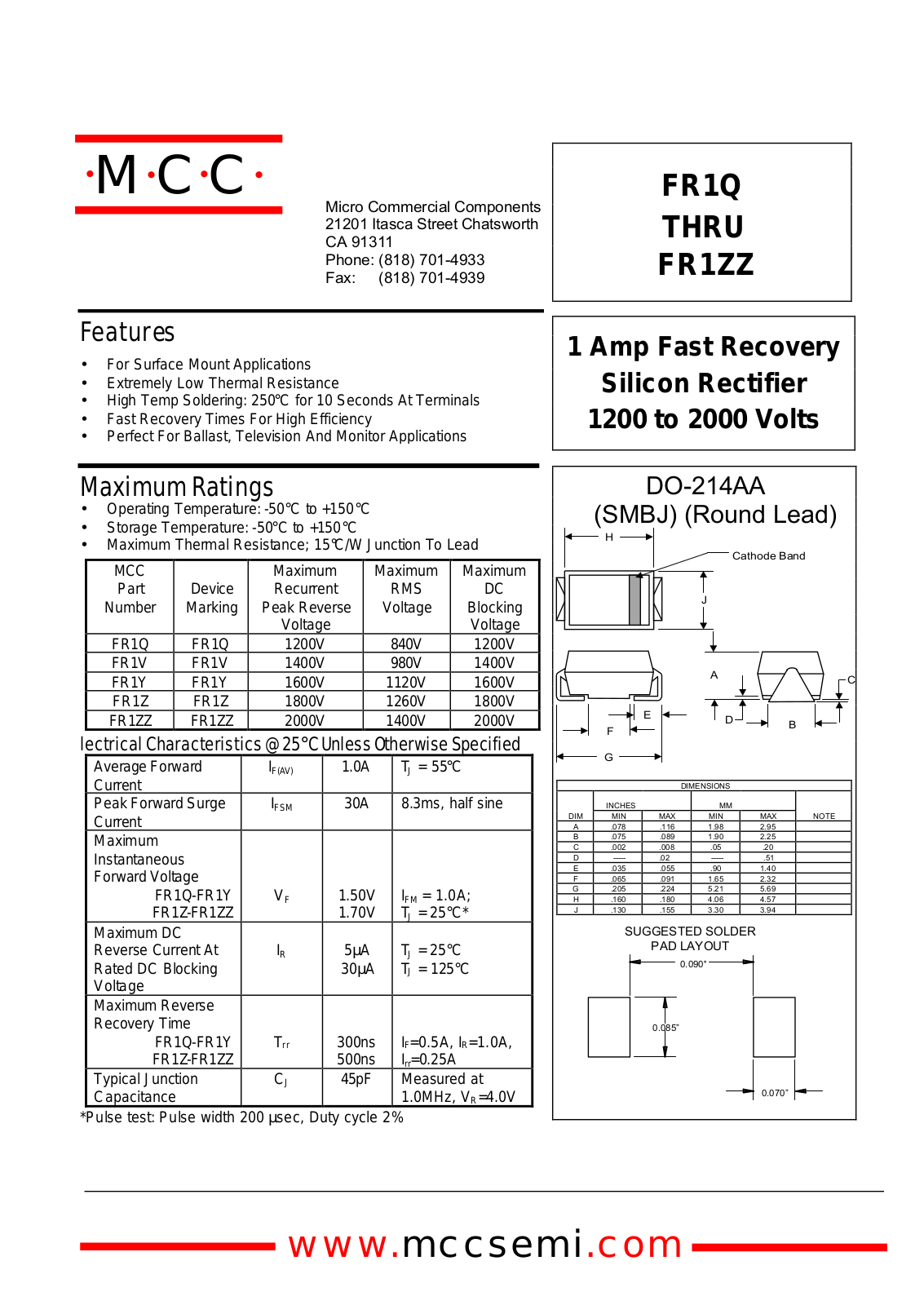 MCC FR1Z, FR1Y, FR1Q Datasheet