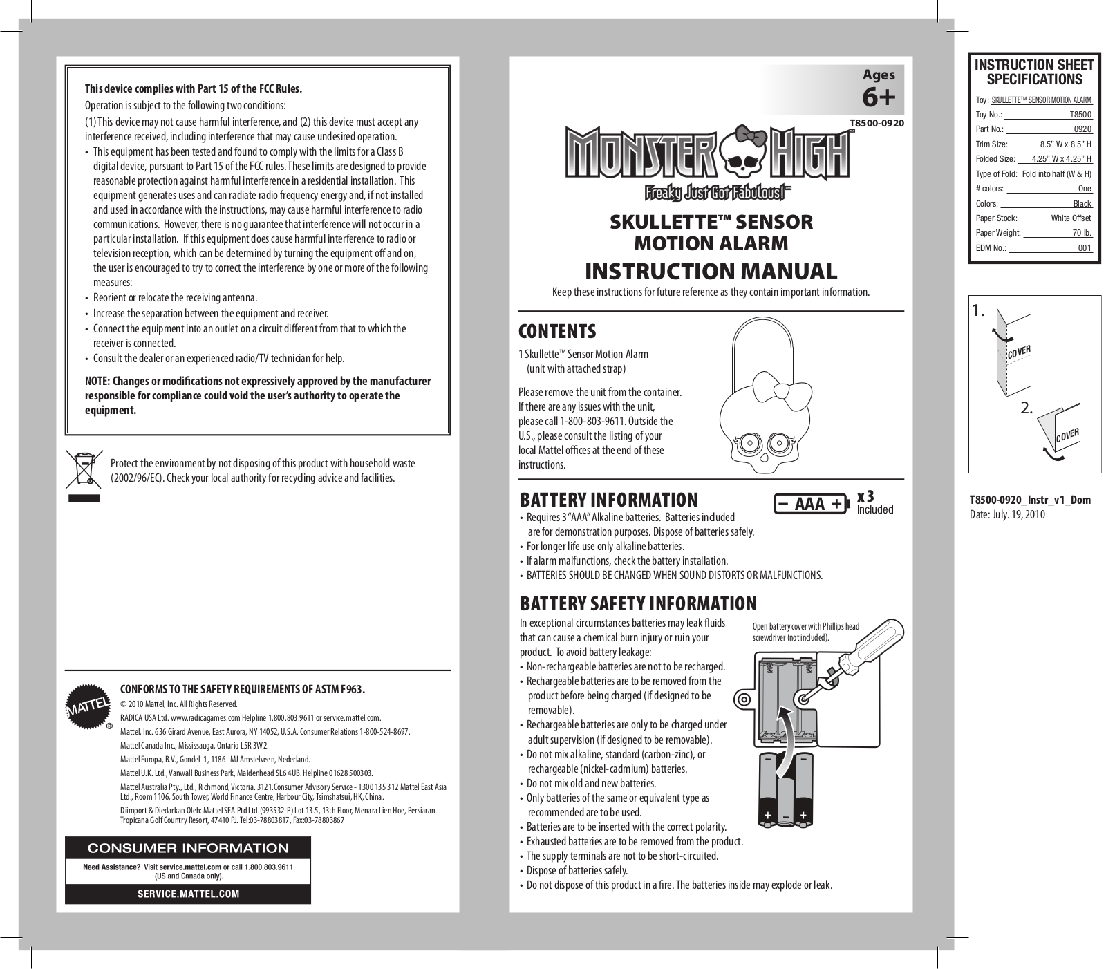 Fisher-Price T8500 Instruction Sheet