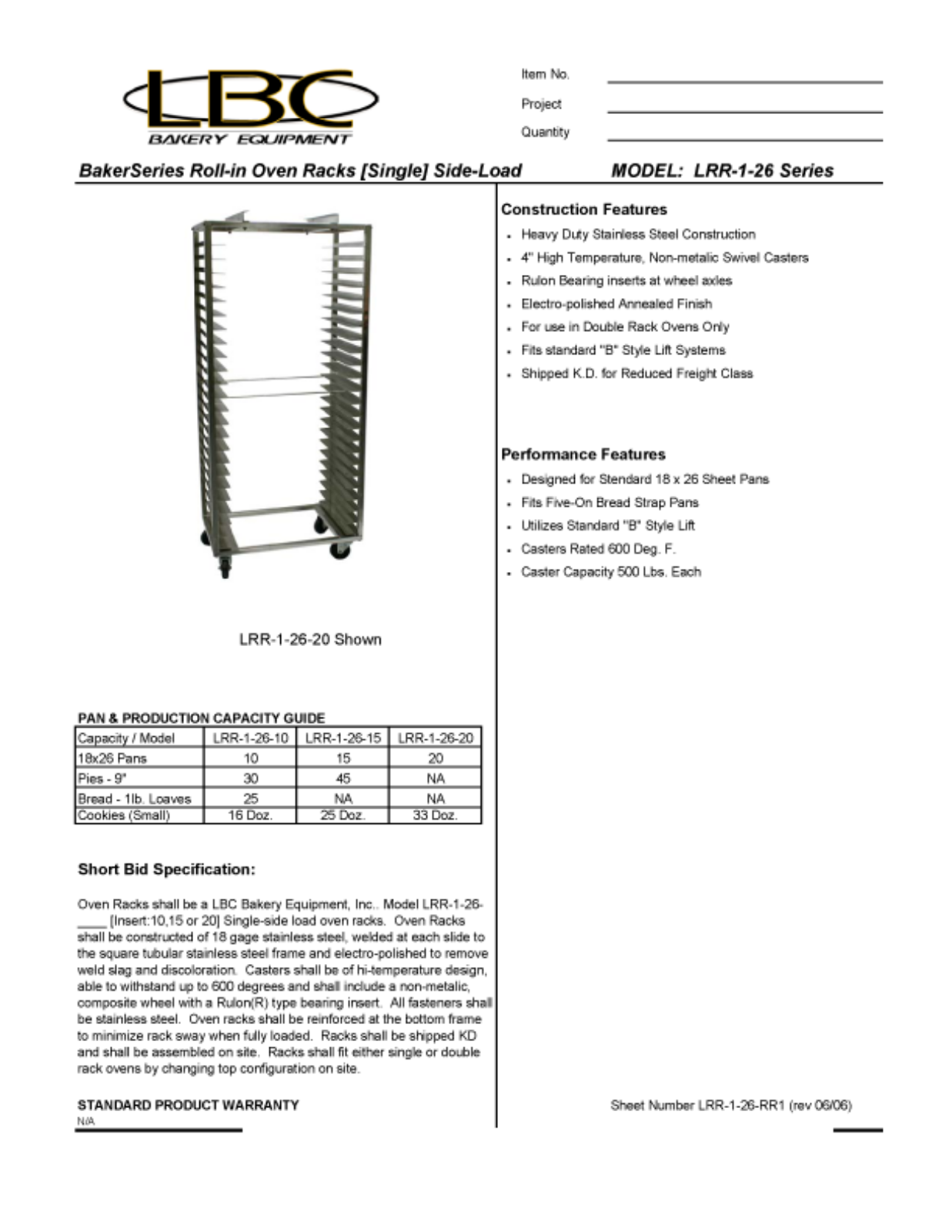 LBC Bakery Equipment LRR-1-26-15 User Manual