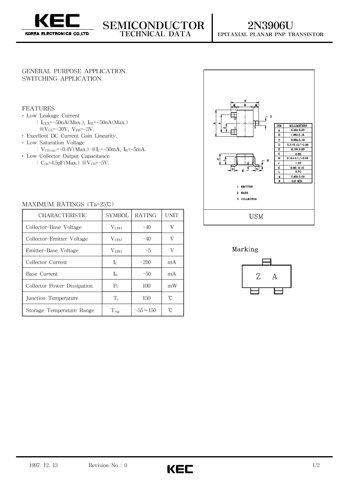 Korea Electronics Co  Ltd 2N3906U Datasheet