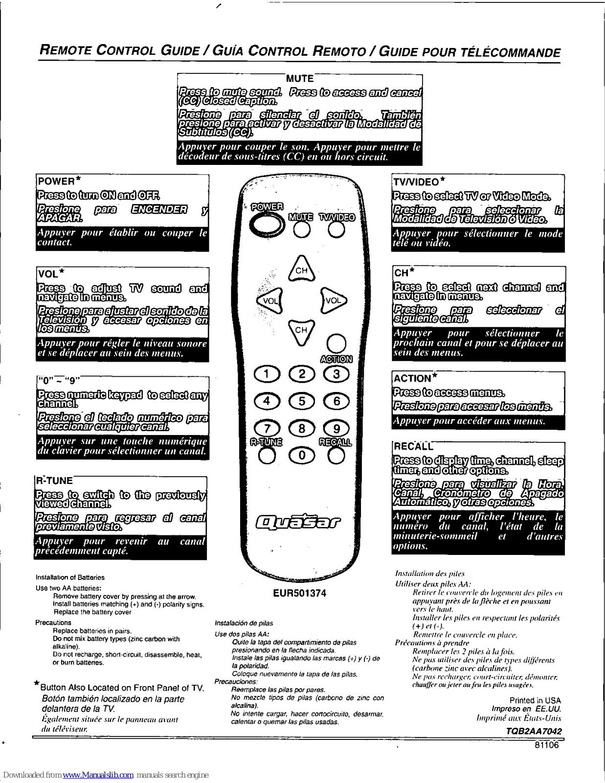 Quasar EUR501374 Remote Control Manual