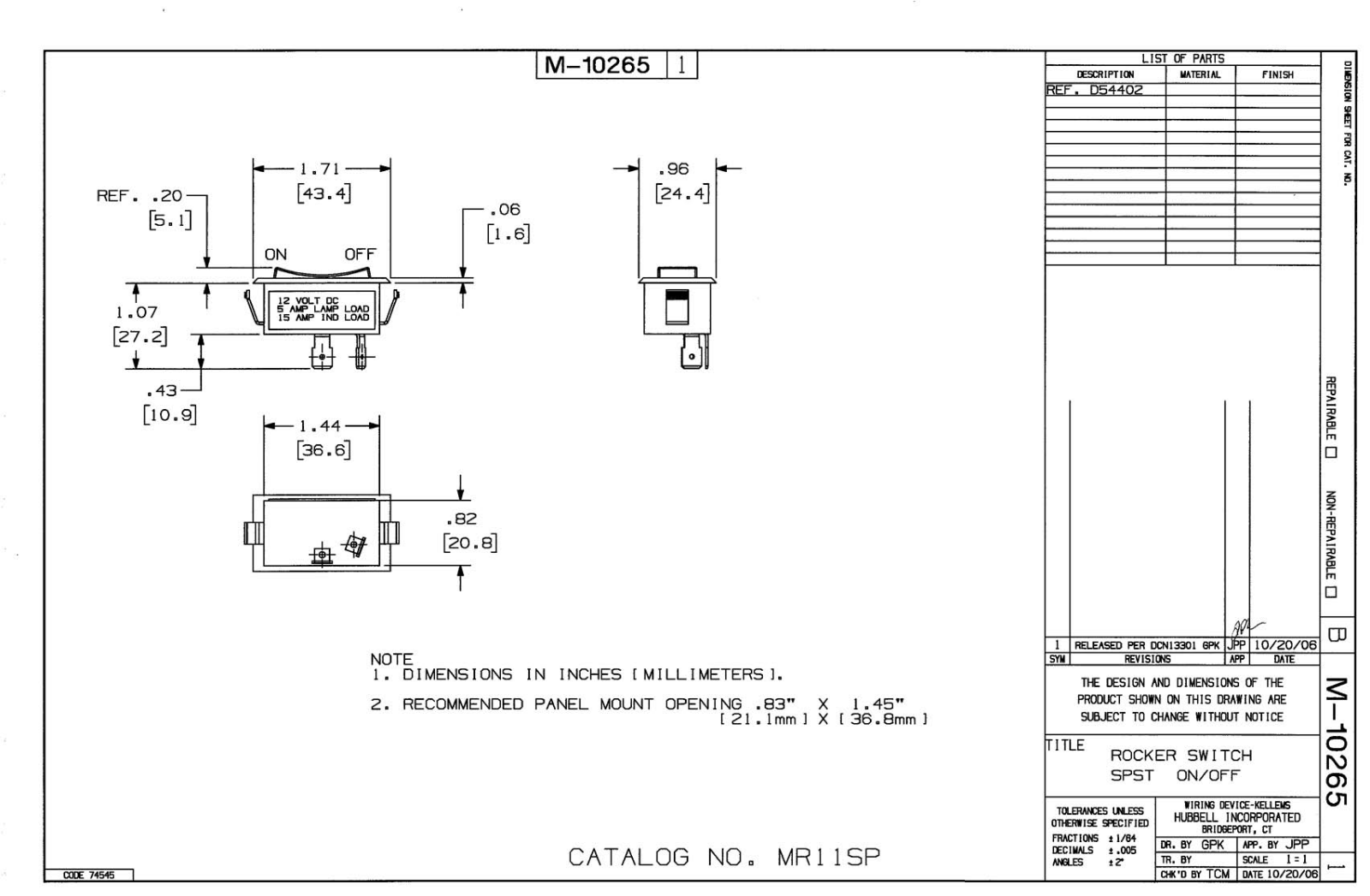 Hubbell MR11SP Reference Drawing