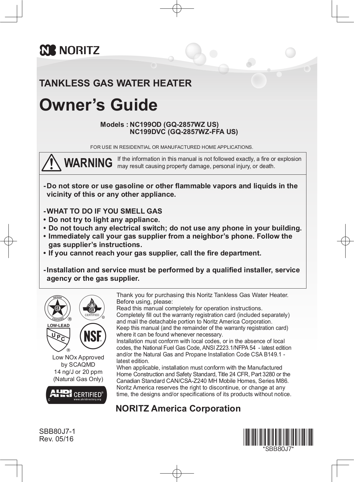 Noritz America NC199OD, NC199DVC User Manual