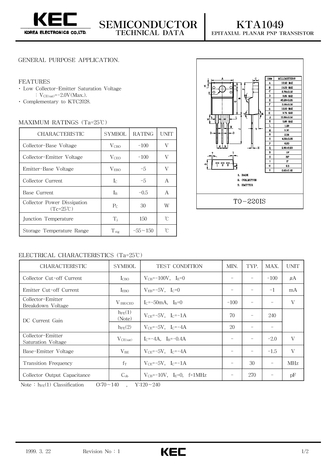 KEC KTA1049 Datasheet