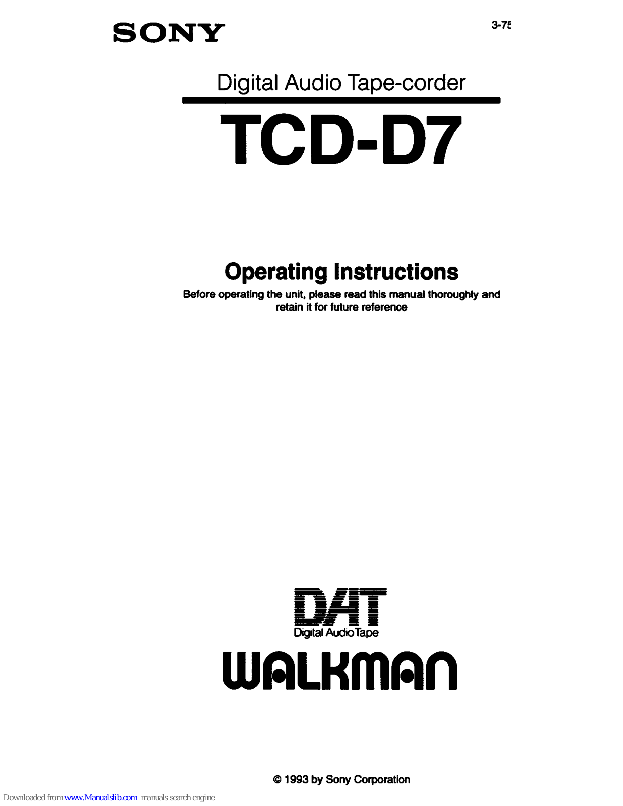 Sony Walkman TCD-D7 Operating Instructions Manual