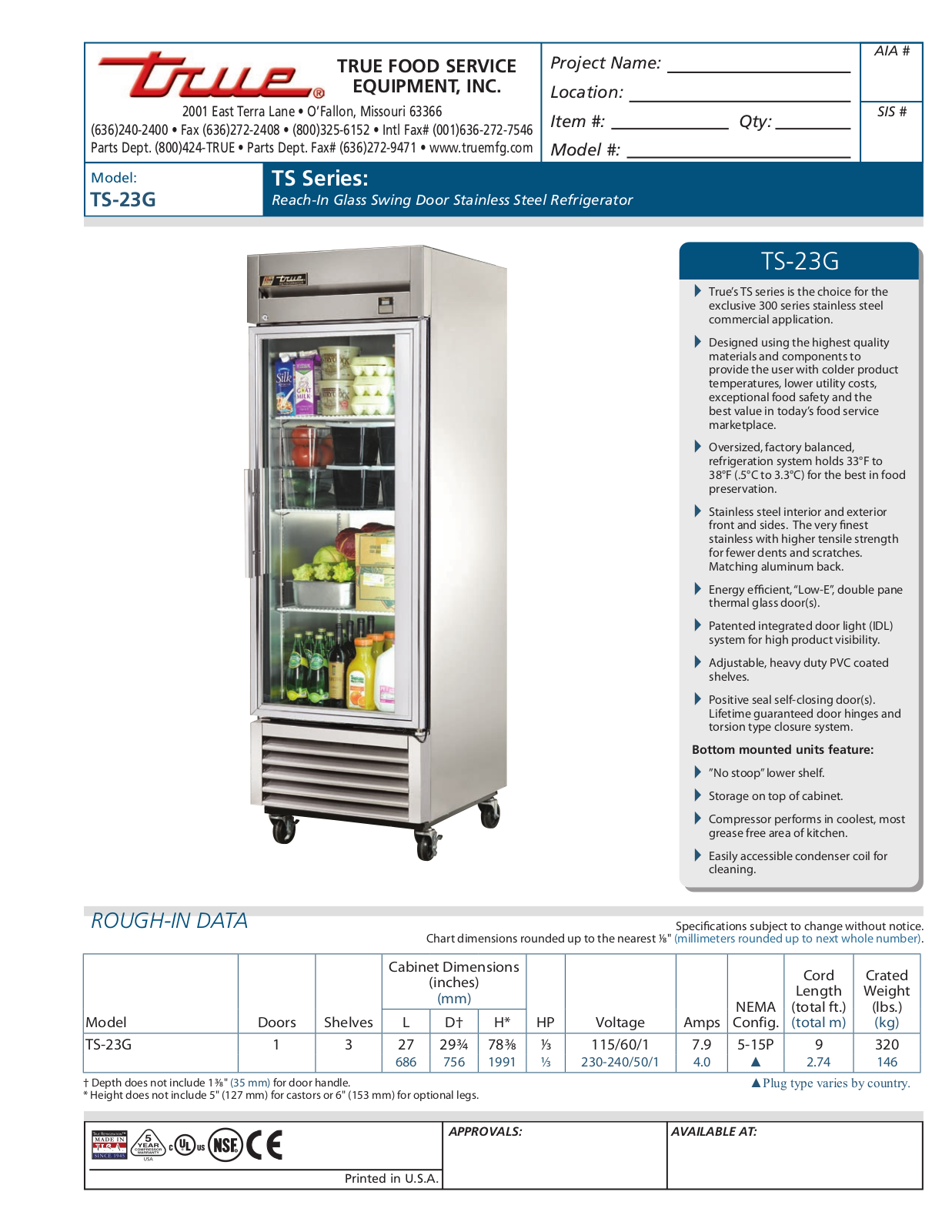 True TS-23G Specifications