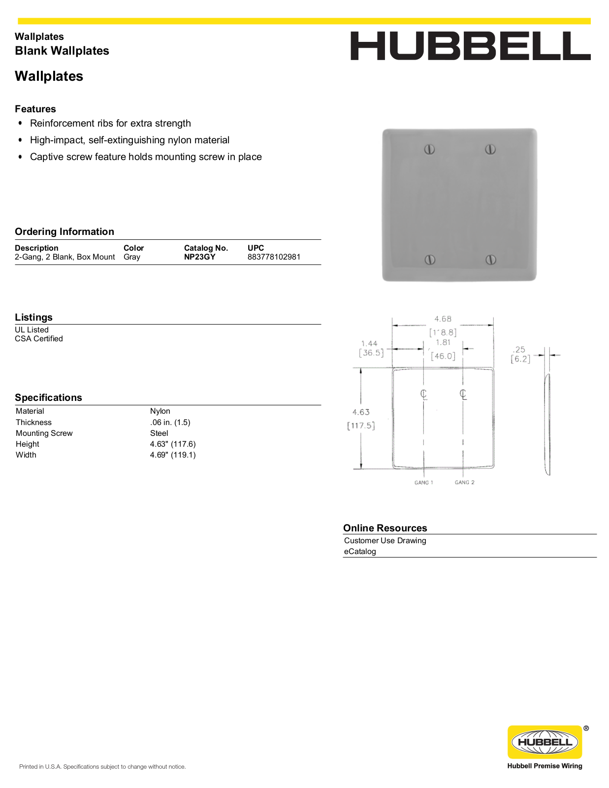 Hubbell NP23GY Specifications