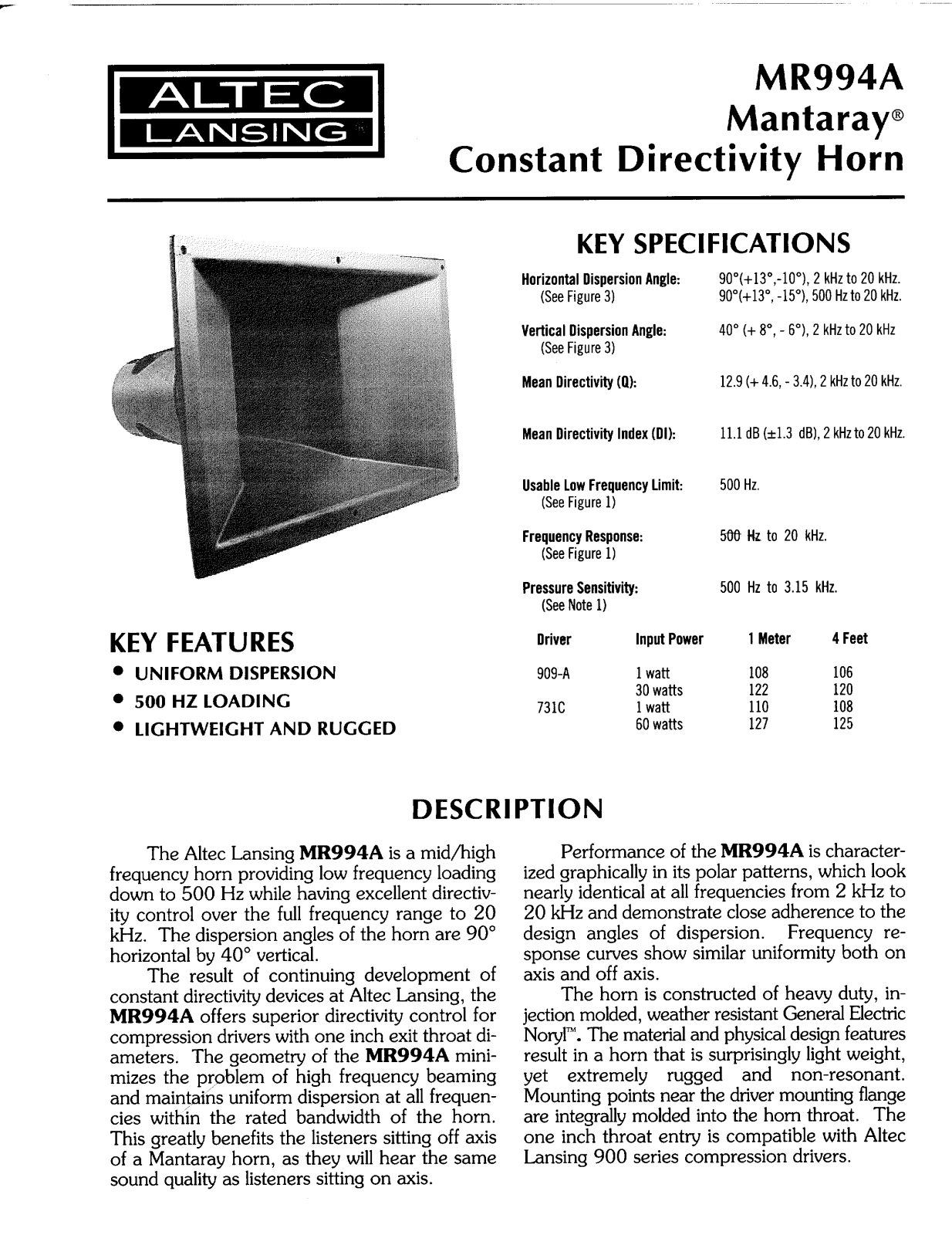 Altec lansing MR994A HF HORN User Manual