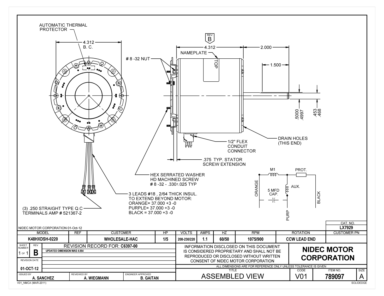 US Motors LX7929 Dimensional Sheet