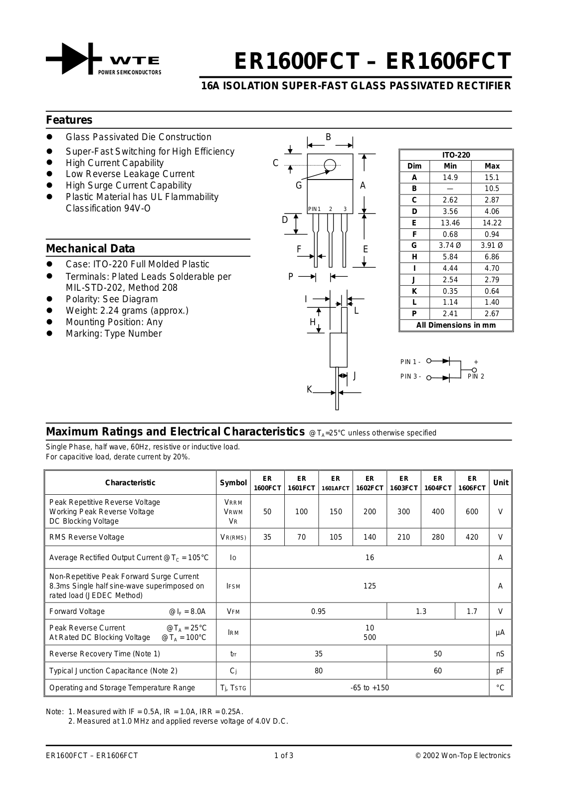 WTE ER1606FCT, ER1604FCT, ER1603FCT, ER1602FCT, ER1601FCT Datasheet