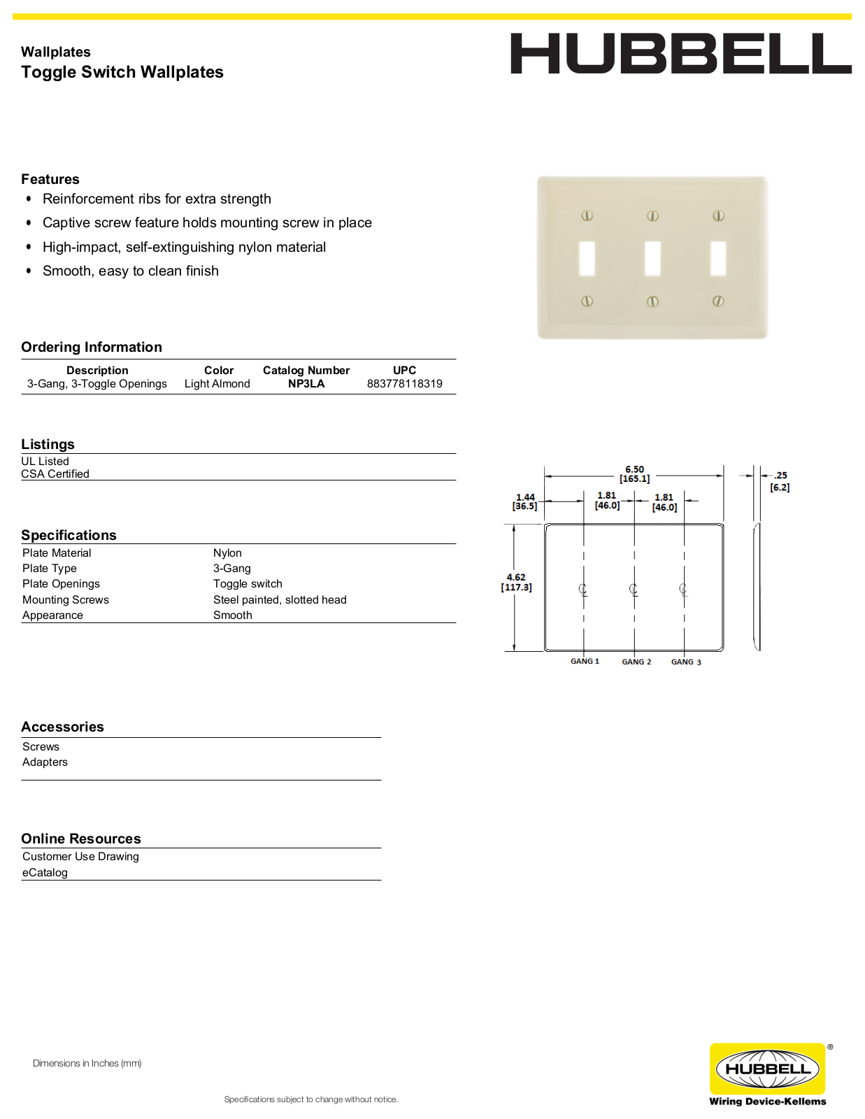 Hubbell NP3LA Specifications