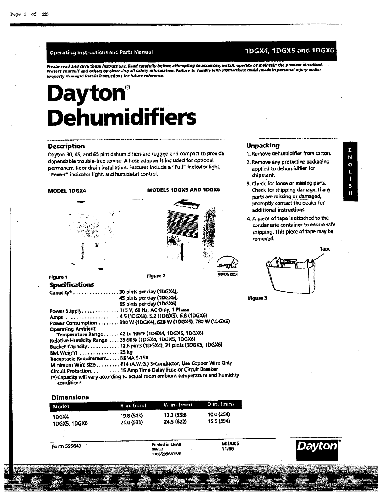 Dayton 1dxg5, 1dxg6, 1dxg4 Owner's Manual