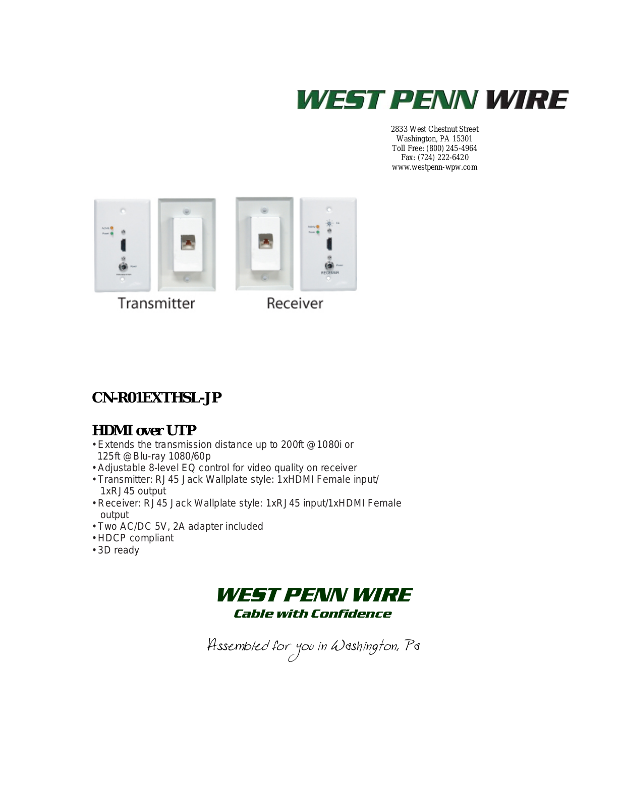 West Penn CN-R01EXTHSL-JP Specsheet