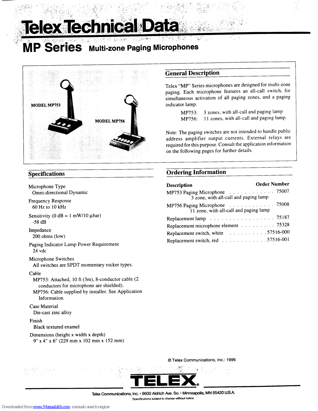 Telex MS Series, MP753, MP756 Technical Data Manual