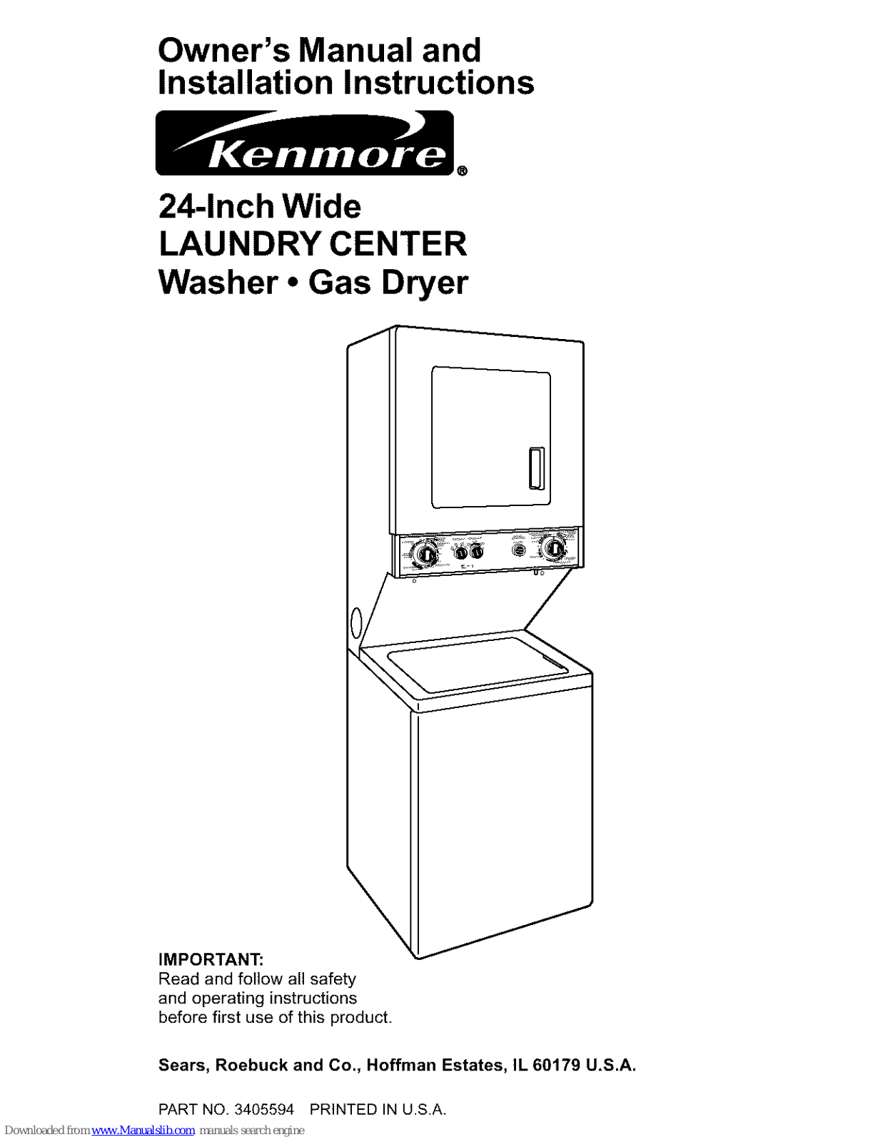 Kenmore LAUNDRY CENTER 3405594 Owner's Manual And Installation Instructions - ManualMachine.com