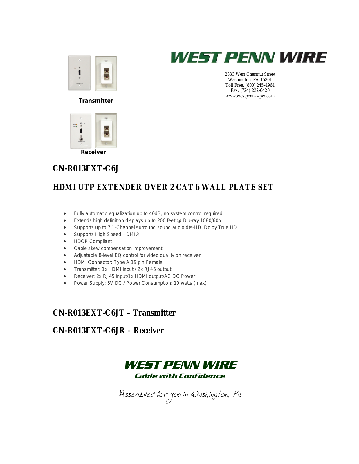 West Penn CN-R013EXT-C6JP Specsheet