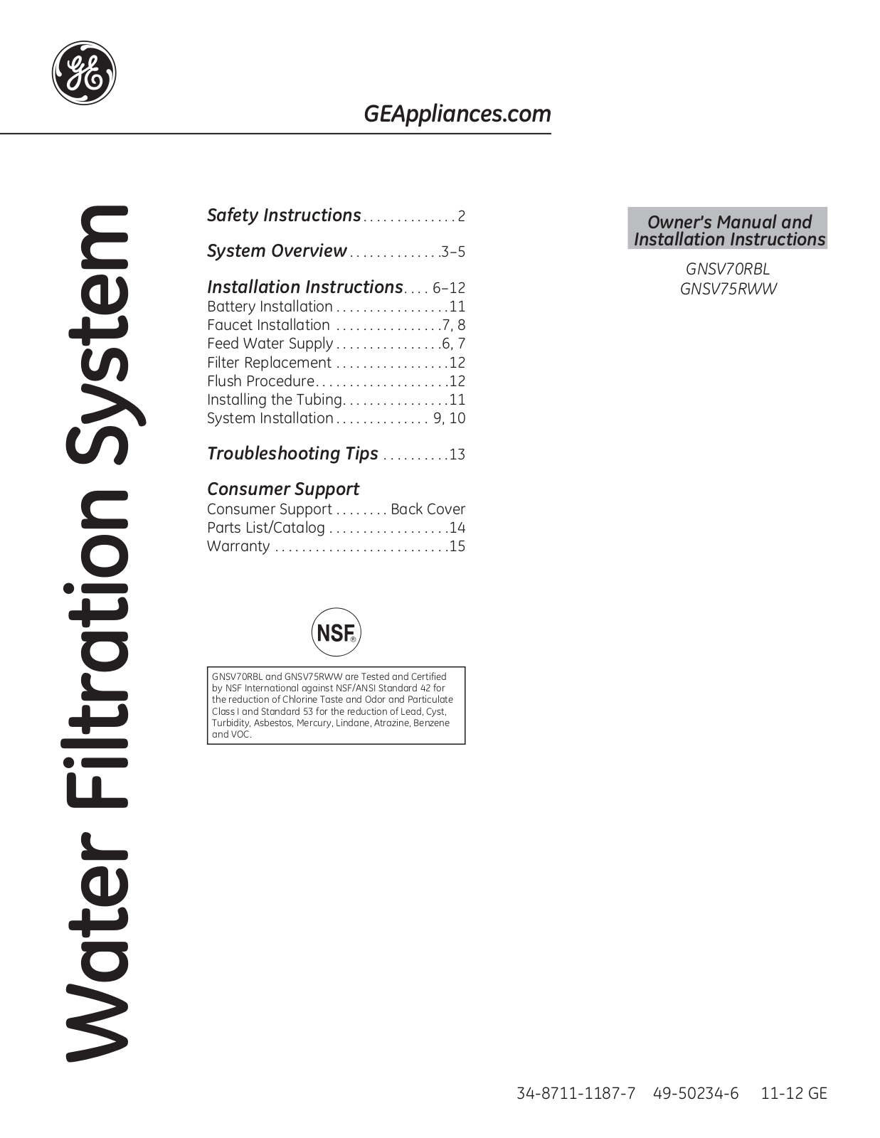 GE GNSV70RBL, GNSV75RWW User Manual