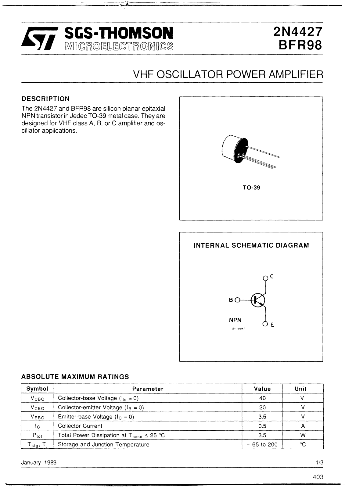 SGS Thomson Microelectronics 2N4427 Datasheet