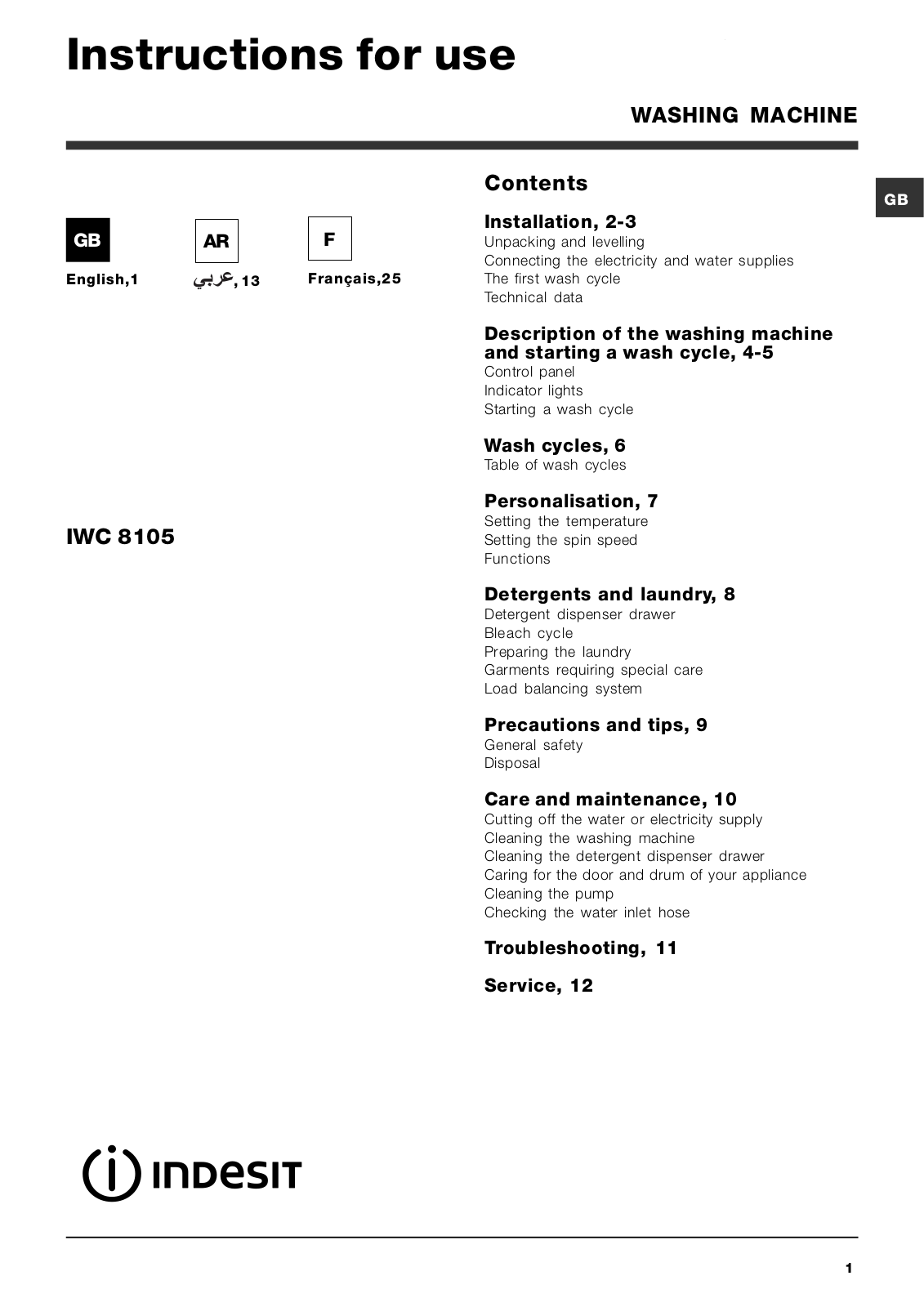 INDESIT IWC8105B User Manual