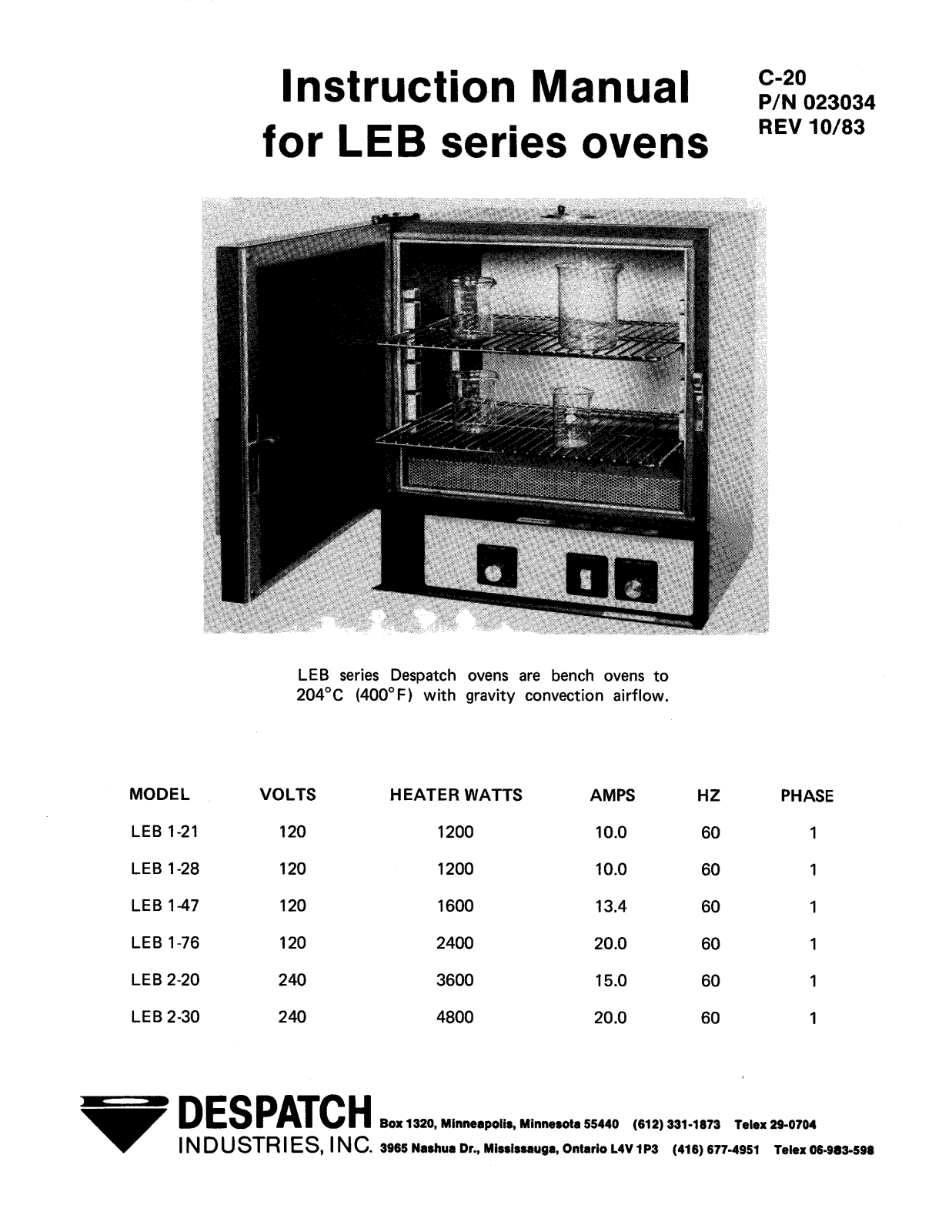 Despatch LEB1-21-2 Specifications