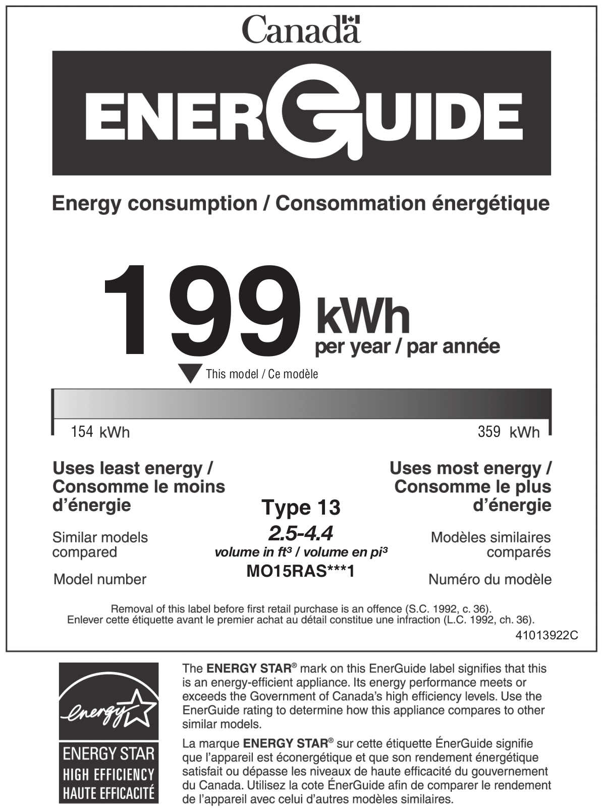 Marvel MO15RAS2LS Energy Guide