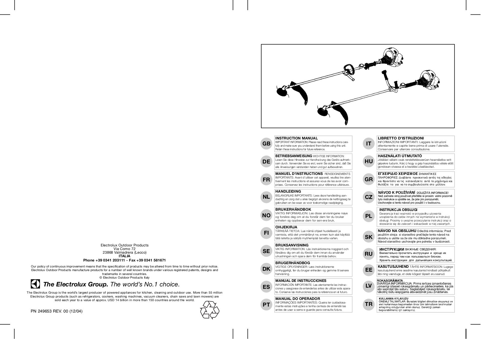 electrolux PN 249653 INSTRUCTION MANUAL