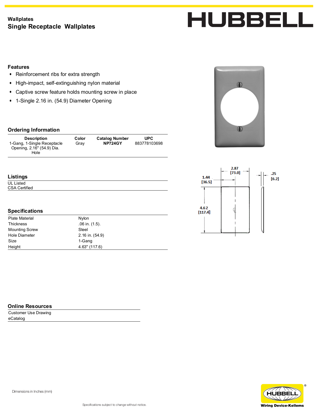 Hubbell NP724GY Specifications