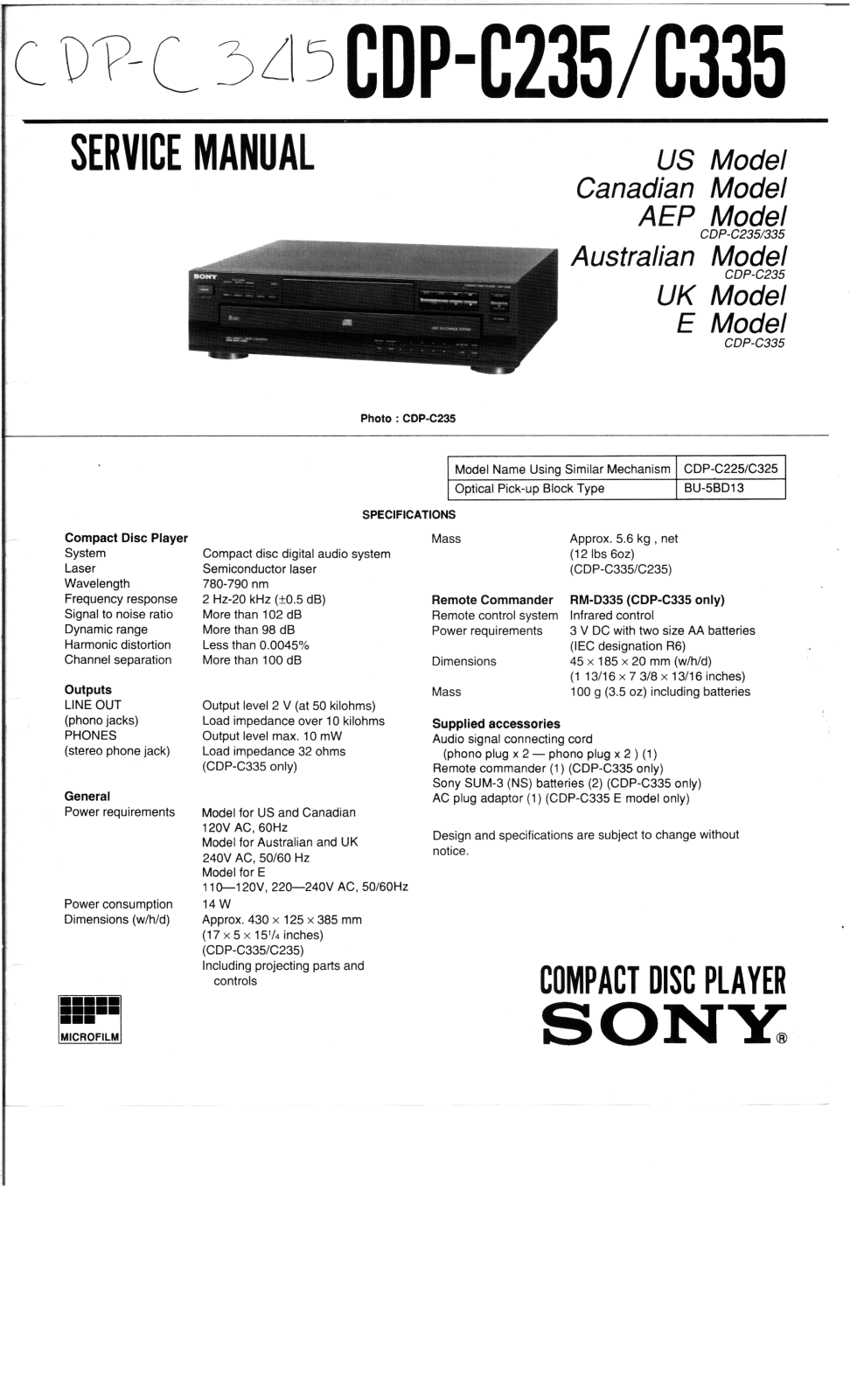 SONY CDP CD210 Service Manual