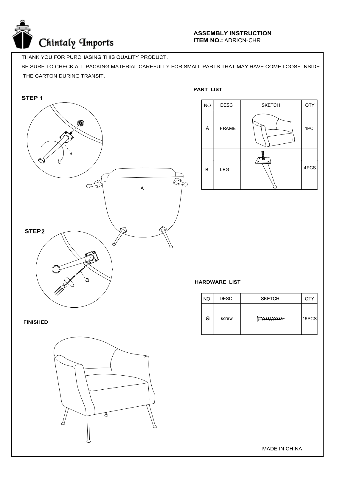Chintaly 2069ACC Assembly Guide - ManualMachine.com