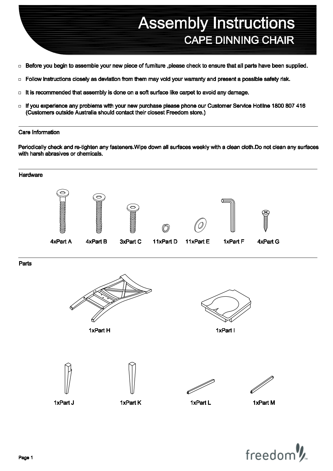 Freedom Cape Dining Chair Assembly Instruction