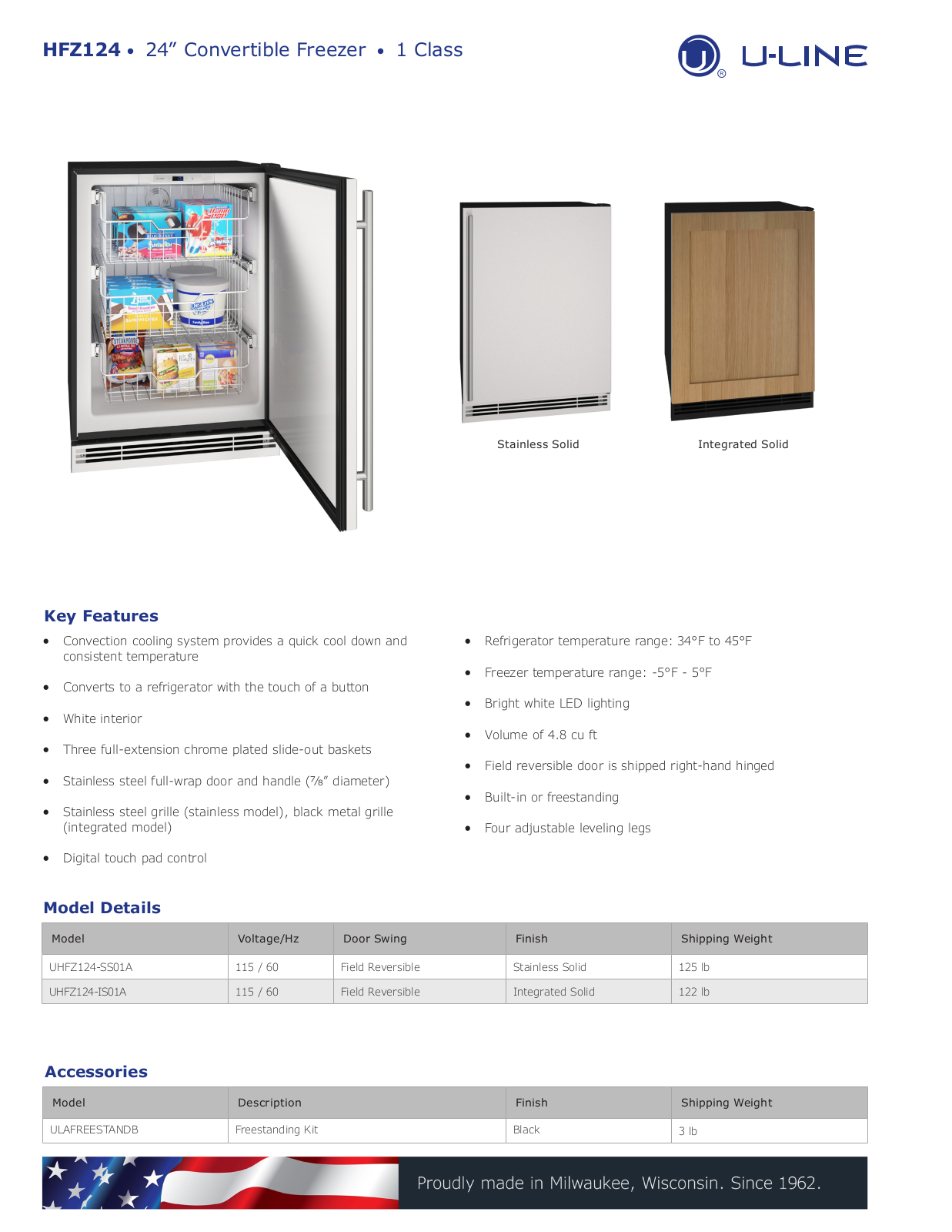 U-Line UHFZ124-SS01A, UHFZ124-IS01A Specification Sheet