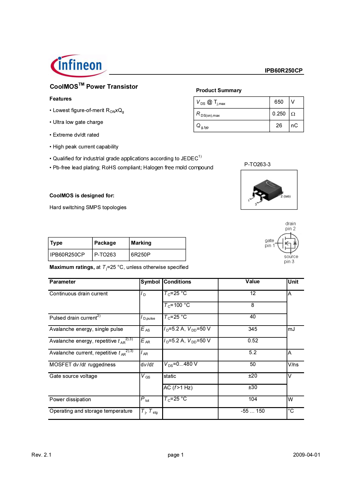 Datasheet ipb60r250cp_rev2.1 Datasheet - ManualMachine.com