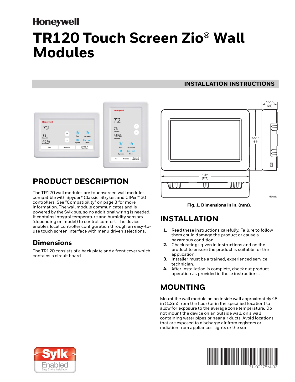 Honeywell TR120 Installation Instructions