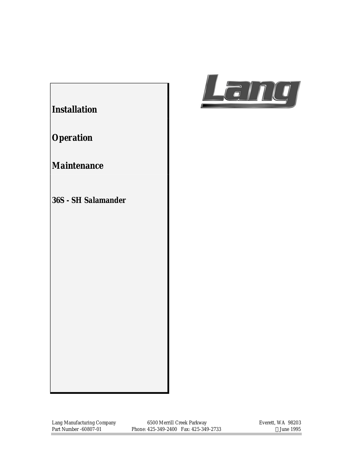 Lang Manufacturing 36S-SH Parts List