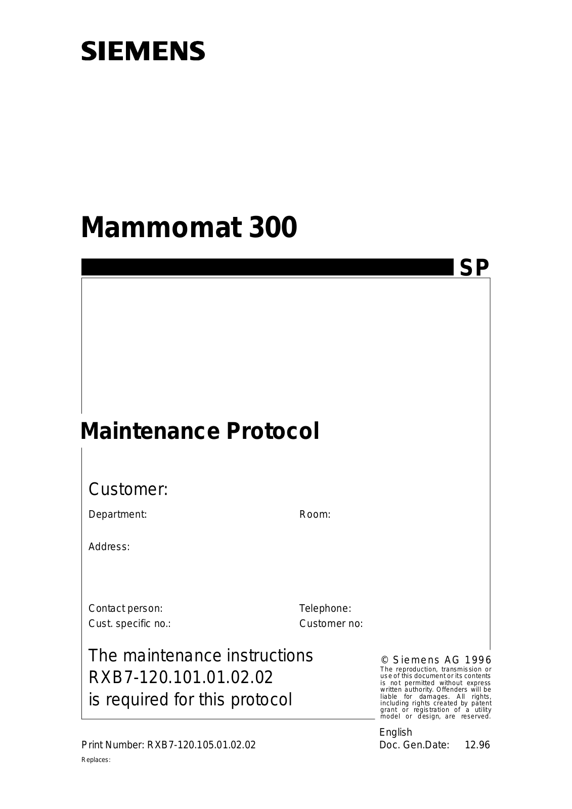 Siemens Mammomat 300 Maintenance Protocol