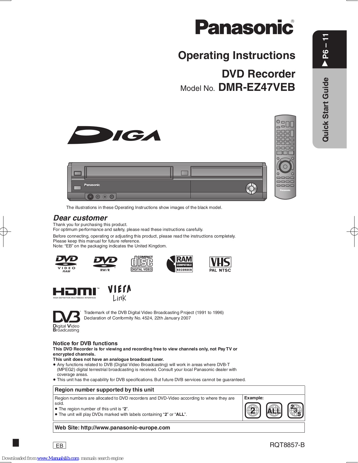 Panasonic Diga DMR-EZ47VEB Operating Instructions Manual