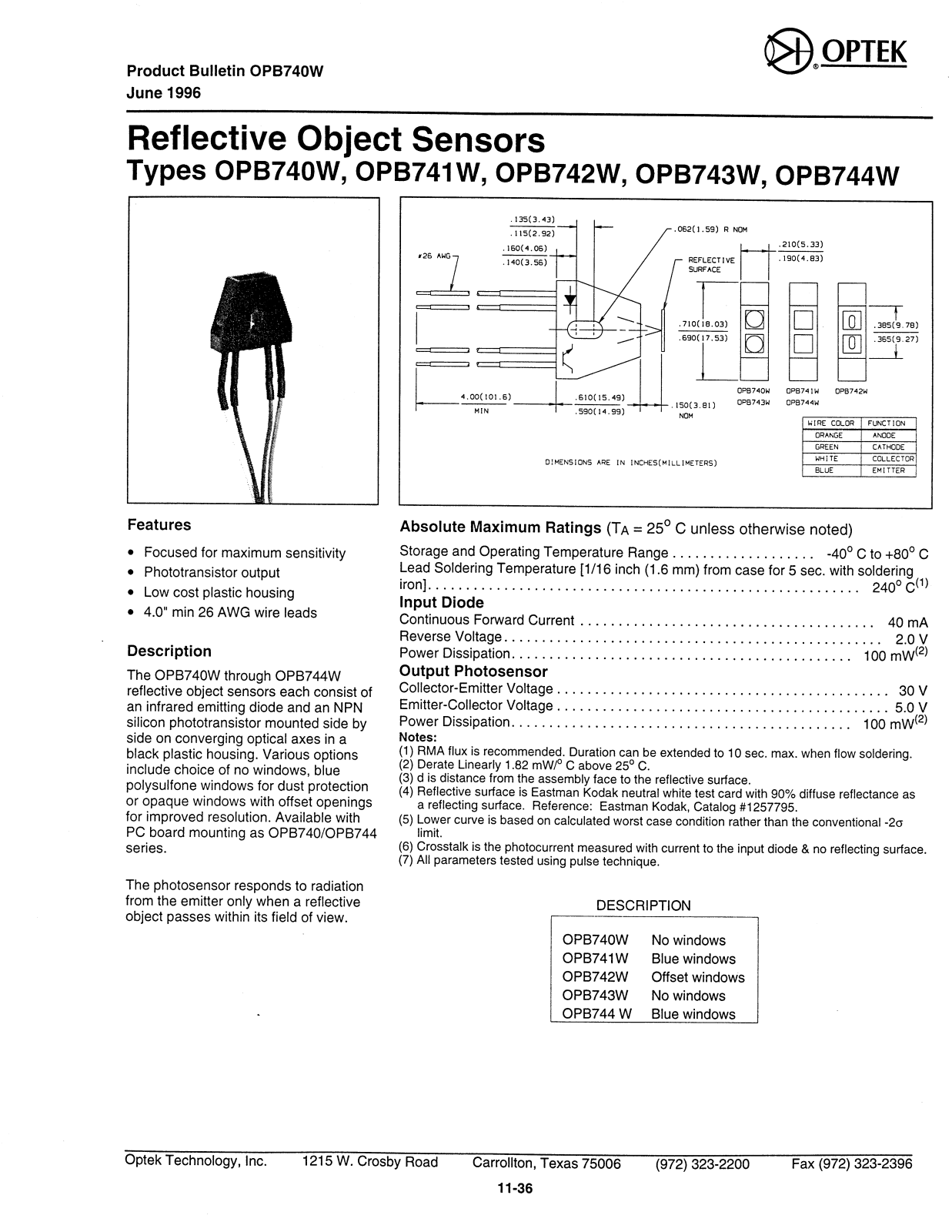 OPTEK OPB742W, OPB744W, OPB741W, OPB740W, OPB743W Datasheet