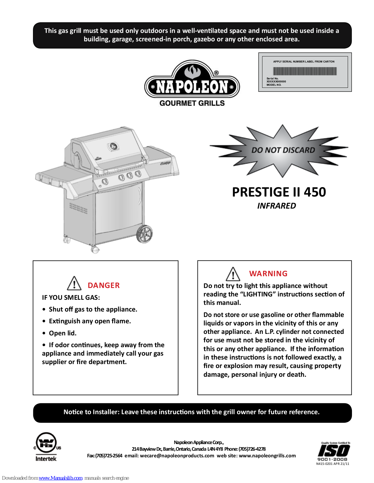 Napoleon N415-0201, PRESTIGE II 450, PRESTIGE 450 Owner's Manual