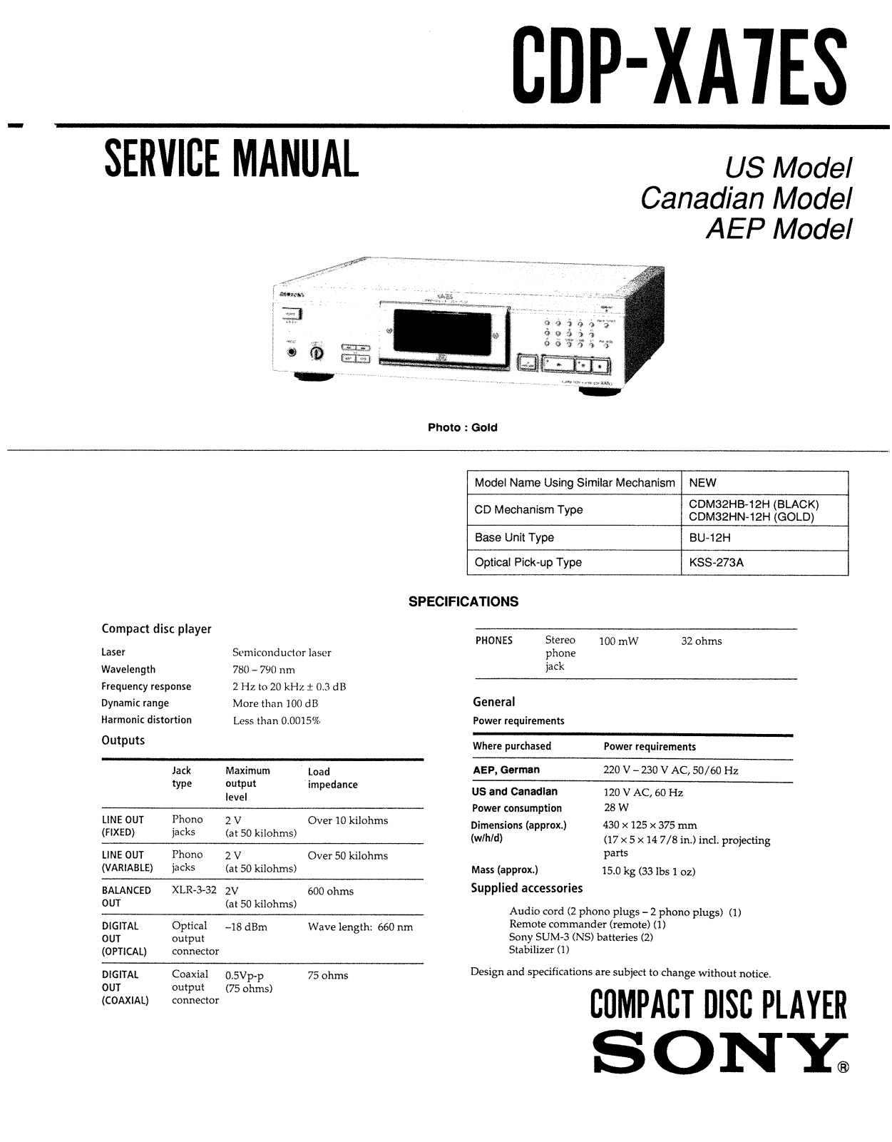 Sony CDPXA-7-ES Service manual