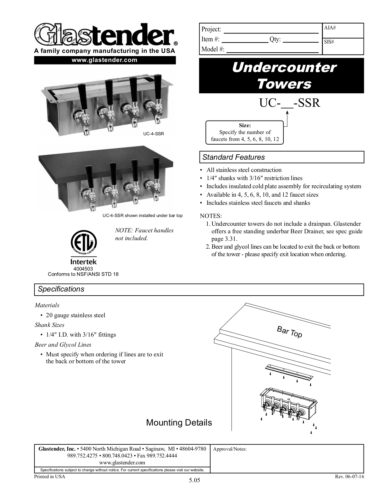 Glastender UC-12-SSR User Manual