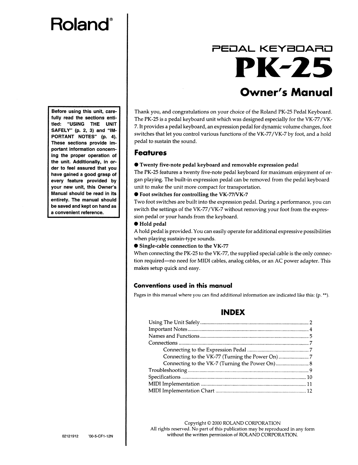 Roland PK 25 Service Manual