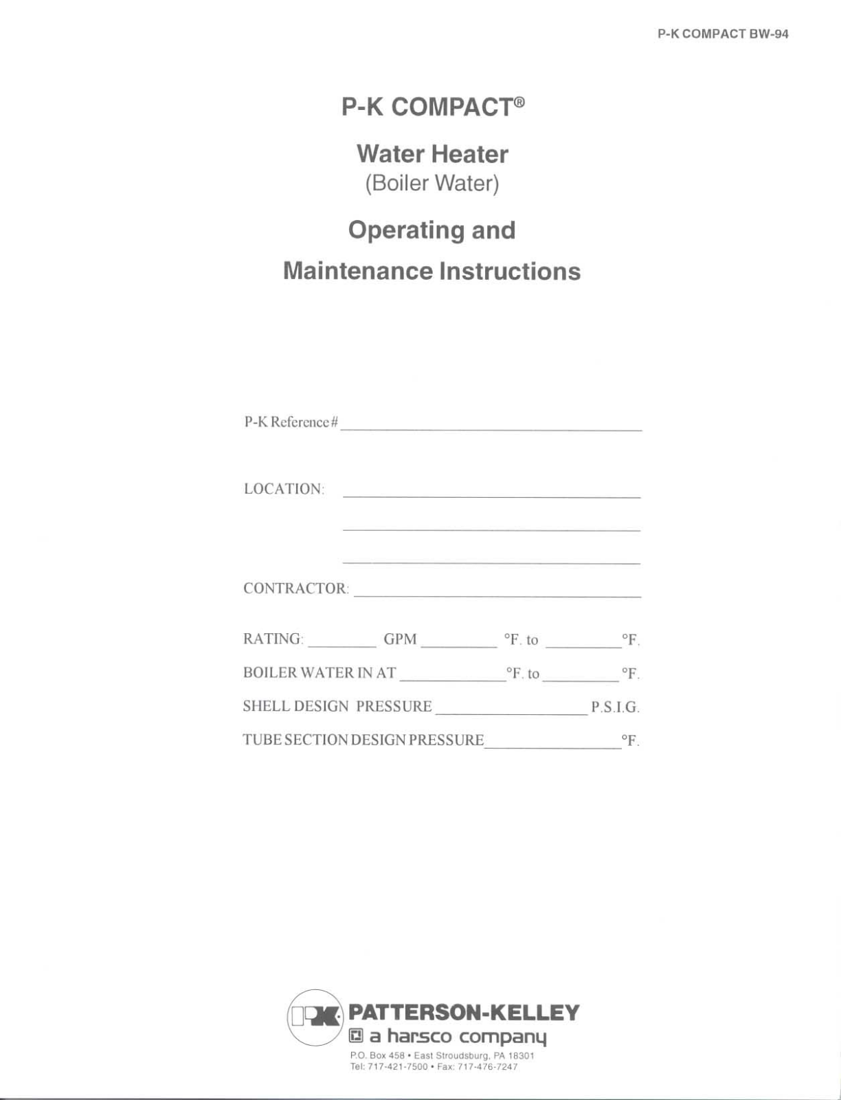 Patterson-Kelley BW-94 User Manual