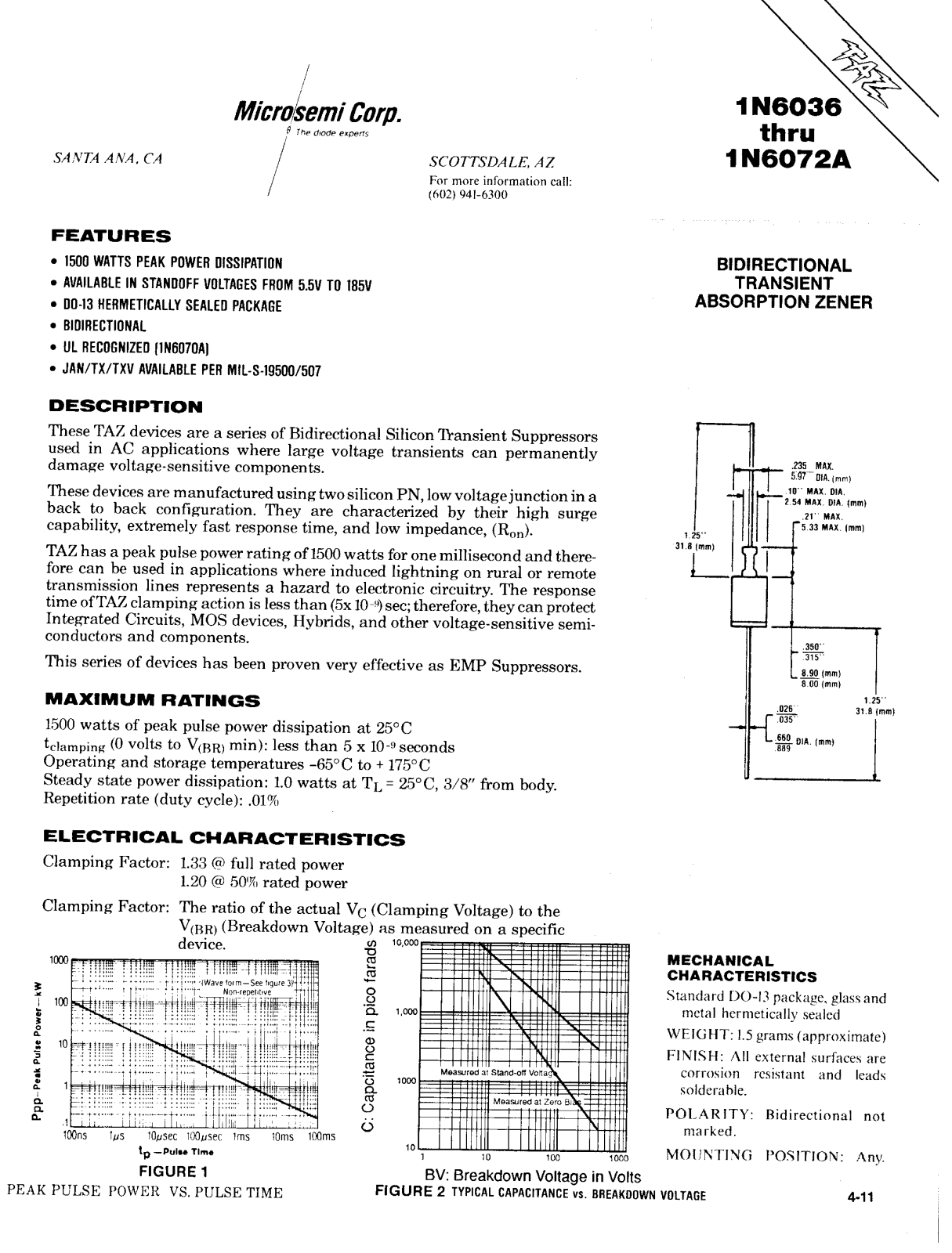 Microsemi Corporation 1N6050, 1N6049A, 1N6049, 1N6048A, 1N6048 Datasheet