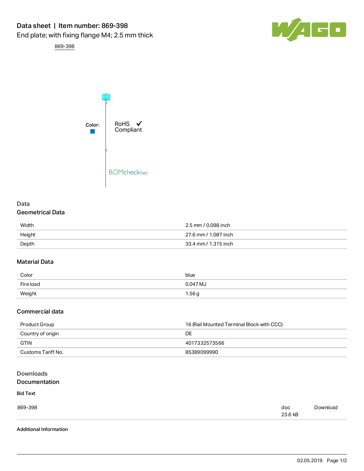 Wago 869-398 Data Sheet