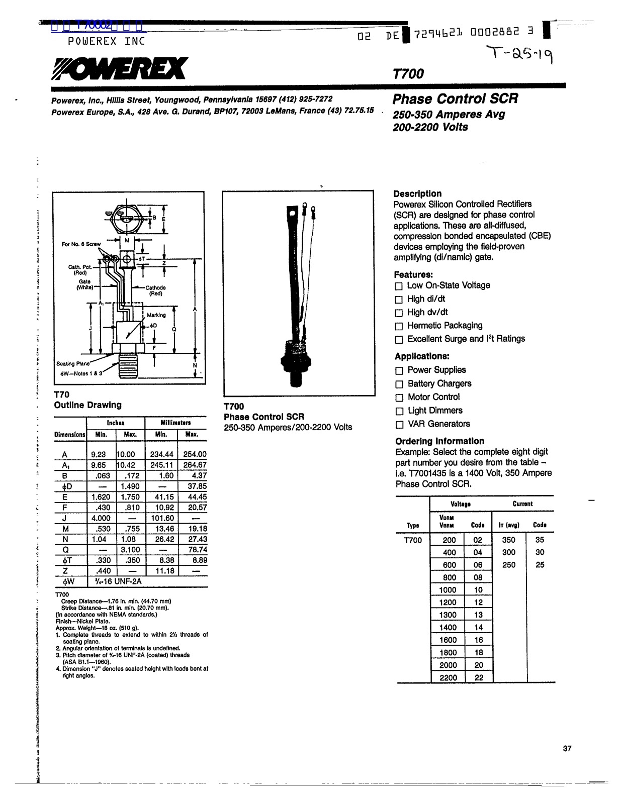 POWEREX T700 Technical data