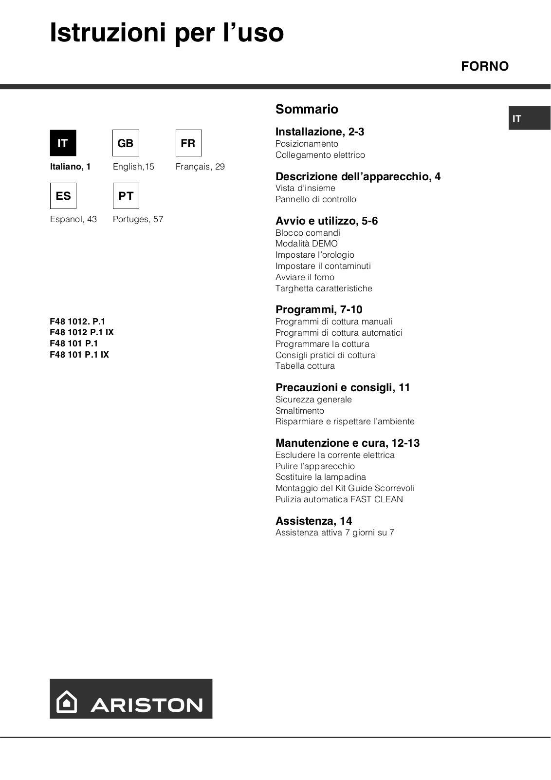 Hotpoint F48 101 P.1 IX, F48 1012 P.1 IX User Manual