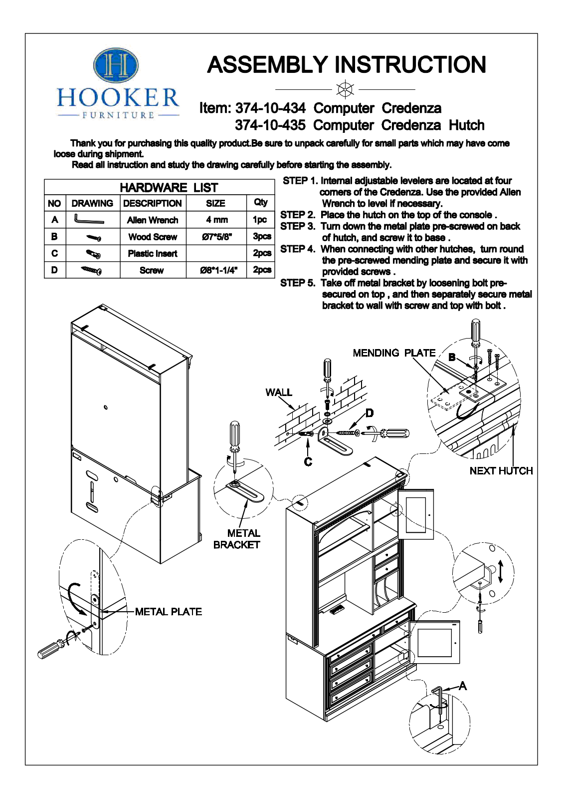 Hooker Furniture 37410434 Assembly Guide