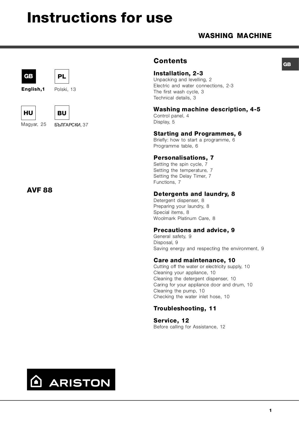 Hotpoint Ariston AVF 88 User Manual