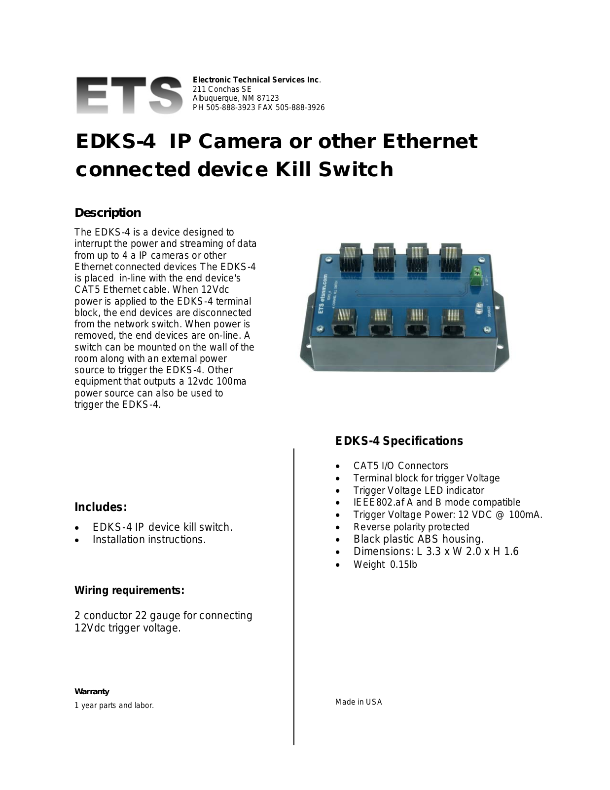 ETS EDKS-4 Specsheet